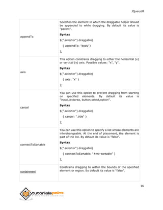 JQueryUI
16
appendTo
Specifies the element in which the draggable helper should
be appended to while dragging. By default its value is
"parent".
Syntax
$(".selector").draggable(
{ appendTo: "body"}
);
axis
This option constrains dragging to either the horizontal (x)
or vertical (y) axis. Possible values: "x", "y".
Syntax
$(".selector").draggable(
{ axis: "x" }
);
cancel
You can use this option to prevent dragging from starting
on specified elements. By default its value is
"input,textarea, button,select,option".
Syntax
$(".selector").draggable(
{ cancel: ".title" }
);
connectToSortable
You can use this option to specify a list whose elements are
interchangeable. At the end of placement, the element is
part of the list. By default its value is "false".
Syntax
$(".selector").draggable(
{ connectToSortable: "#my-sortable" }
);
containment
Constrains dragging to within the bounds of the specified
element or region. By default its value is "false".
 