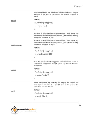JQueryUI
21
revert
Indicates whether the element is moved back to its original
position at the end of the move. By default its value is
"false".
Syntax
$(".selector").draggable(
{ revert: true }
);
revertDuration
Duration of displacement (in milliseconds) after which the
element returns to its original position (see options.revert).
By default its value is "500".
Duration of displacement (in milliseconds) after which the
element returns to its original position (see options.revert).
By default its value is "500".
Syntax
$(".selector").draggable(
{ revertDuration: 200 }
);
scope
Used to group sets of draggable and droppable items, in
addition to droppable's accept option. By default its value
is "default".
Syntax
$(".selector").draggable(
{ scope: "tasks" }
);
scroll
When set to true (the default), the display will scroll if the
item is moved outside the viewable area of the window. By
default its value is "true".
Syntax
$(".selector").draggable(
{ scroll: false }
);
 