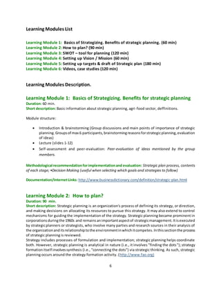 6
Learning Modules List
Learning Module 1: Basics of Strategizing. Benefits of strategic planning. (60 min)
Learning Modul...