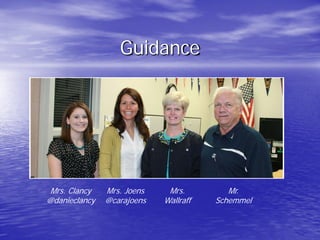 Guidance
Mrs. Clancy
@danieclancy
Mrs. Joens
@carajoens
Mrs.
Wallraff
Mr.
Schemmel
 