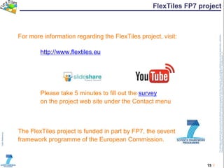 15 /
TheinformationcontainedinthisdocumentandanyattachmentsarethepropertyofFlexTilesconsortium.Youareherebynotifiedthatanyreview,dissemination,distribution,
copyingorotherwiseuseofthisdocumentmustbedoneinaccordancewiththeCAoftheproject(TRT/DJ/624412785.2011).Templateversion1.0
FlexTiles FP7 project
For more information regarding the FlexTiles project, visit:
http://www.flextiles.eu
Please take 5 minutes to fill out the survey
on the project web site under the Contact menu
The FlexTiles project is funded in part by FP7, the seventh
framework programme of the European Commission.
 