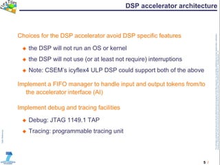 5 /
TheinformationcontainedinthisdocumentandanyattachmentsarethepropertyofFlexTilesconsortium.Youareherebynotifiedthatanyreview,dissemination,distribution,
copyingorotherwiseuseofthisdocumentmustbedoneinaccordancewiththeCAoftheproject(TRT/DJ/624412785.2011).Templateversion1.0
DSP accelerator architecture
Choices for the DSP accelerator avoid DSP specific features
 the DSP will not run an OS or kernel
 the DSP will not use (or at least not require) interruptions
 Note: CSEM’s icyflex4 ULP DSP could support both of the above
Implement a FIFO manager to handle input and output tokens from/to
the accelerator interface (AI)
Implement debug and tracing facilities
 Debug: JTAG 1149.1 TAP
 Tracing: programmable tracing unit
 