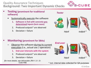 Quality Assurance Techniques
Background: Two Important Dynamic Checks
   Testing (prominent for traditional                      Tester
    software)
        Systematically execute the software
          1. Software is fed with concrete pre-
             determined inputs (test cases)
          2. Produced outputs* are observed
          3. Deviation = failure                                     input            output *



   Monitoring (prominent for SBAs)
                                                          End-user
    – Observe the software during its current
      execution (i.e., actual use / operation)
          1. End-user interacts with the system
          2. Produced outputs* are observed
          3. Deviation = failure                                     input            output *
[for more details, see deliverable JRA-1.3.1; S-
                    Cube KM]                       * incl. internal data collected for QA purposes
                                                                                         © UniDue
 