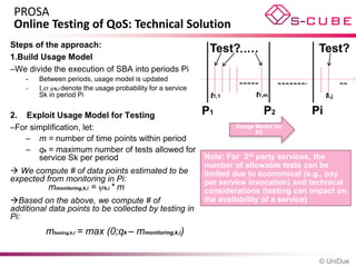PROSA
 Online Testing of QoS: Technical Solution
Steps of the approach:
                                                               Test? …
                                                                   …                       Test?
1.Build Usage Model
–We divide the execution of SBA into periods Pi
    -   Between periods, usage model is updated
    -   Let ψk,i denote the usage probability for a service
        Sk in period Pi                                        t1,1        t1,m              ti,j

2. Exploit Usage Model for Testing            P1               P2          Pi
–For simplification, let:                             Usage Model for
                                                            P2
   – m = number of time points within period
   – qk = maximum number of tests allowed for
       service Sk per period                  Note: For 3rd party services, the
                                                              number of allowable tests can be
 We compute # of data points estimated to be                 limited due to economical (e.g., pay
expected from monitoring in Pi:                               per service invocation) and technical
           mmonitoring,k,i = ψk,i * m                         considerations (testing can impact on
Based on the above, we compute # of                          the availability of a service)
additional data points to be collected by testing in
Pi:
          mtesting,k,i = max (0;qk – mmonitoring,k,i)

                                                                                           © UniDue
 