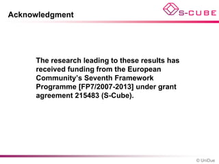 Acknowledgment




     The research leading to these results has
     received funding from the European
     Community’s Seventh Framework
     Programme [FP7/2007-2013] under grant
     agreement 215483 (S-Cube).




                                                 © UniDue
 