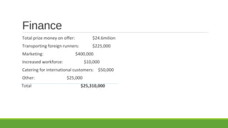 Finance
Total prize money on offer:

$24.6milion

Transporting foreign runners:

$225,000

Marketing:

$400,000

Increased workforce:

$10,000

Catering for international customers: $50,000
Other:
Total

$25,000
$25,310,000

 