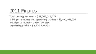 2011 Figures
Total betting turnover = $22,703,073,577
15% (prize money and operating profits) = $3,405,461,037
Total prize money = $934,750,239
Operating profits = $2,470,710,798

 