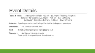Event Details
Dates & Times: Friday 20th December, 7.30 pm – 10.30 pm – Opening reception
Saturday 21st December, 3.30 pm – 7.30 pm – Day 1 of racing
Sunday 22nd December, 1.30 pm – 5.30 pm – Day 2 of racing
Location: Opening reception and racing to be held at Nakayama racecourse
Attendees:

Full capacity on both days

Cost:

Tickets will range in price from $100 to $10

Transport:

Narida and Haneda airports
Good public transport to and from the races.

 