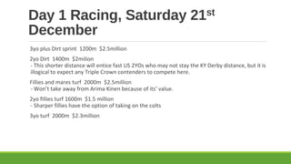 Day 1 Racing, Saturday
December

st
21

3yo plus Dirt sprint 1200m $2.5million
2yo Dirt 1400m $2milion
- This shorter distance will entice fast US 2YOs who may not stay the KY Derby distance, but it is
illogical to expect any Triple Crown contenders to compete here.
Fillies and mares turf 2000m $2.5million
- Won’t take away from Arima Kinen because of its’ value.
2yo fillies turf 1600m $1.5 million
- Sharper fillies have the option of taking on the colts
3yo turf 2000m $2.3million

 