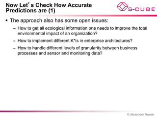 Now Let’s Check How Accurate
Predictions are (1)
 The approach also has some open issues:
   – How to get all ecological information one needs to improve the total
     environmental impact of an organization?
   – How to implement different K*Is in enterprise architectures?
   – How to handle different levels of granularity between business
     processes and sensor and monitoring data?




                                                              © Alexander Nowak
 