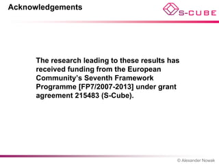 Acknowledgements




      The research leading to these results has
      received funding from the European
      Community’s Seventh Framework
      Programme [FP7/2007-2013] under grant
      agreement 215483 (S-Cube).




                                              © Alexander Nowak
 