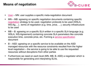 Means of negotiation


   User – MN: user supplies a specific meta-negotiation document
   MN – MB: agreeing on specific negotiation documents containing specific
    negotiation strategy to be used, negotiation protocols to be used (WSLA,
    WS-Ag,…) , terms of negotiation (e.g. time, price, …), security infrastructure
    to be used
   MB – B: agreeing on a specific SLA written in a specific SLA language (e.g.
    WSLA, WS-Agreement) containing concrete SLA parameters like concrete
    execution time, concrete price, etc. Forming a service specification
    document
   B – ASD: agreeing on a specific service to be available on the ASD
    managed resources with the resource constraints resulted from the higher
    level negotiation – the service is going to be able to use the requested
    resources without disruptions from other parties
   Furthermore we need on each level (MN, MB, B, ASD) a negotiator which is
    responsible for generating and interpreting SLAs.
 