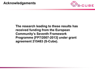 Acknowledgements




      The research leading to these results has
      received funding from the European
      Community’s Seventh Framework
      Programme [FP7/2007-2013] under grant
      agreement 215483 (S-Cube).
 
