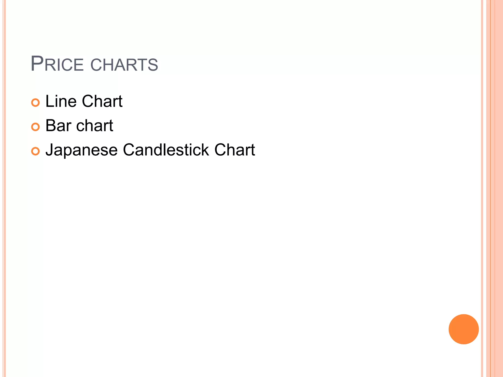 PRICE CHARTS
 Line Chart
 Bar chart
 Japanese Candlestick Chart
 