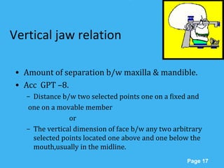 Powerpoint Templates
Page 17
Vertical jaw relation
• Amount of separation b/w maxilla & mandible.
• Acc GPT –8.
– Distance b/w two selected points one on a fixed and
one on a movable member
or
– The vertical dimension of face b/w any two arbitrary
selected points located one above and one below the
mouth,usually in the midline.
 