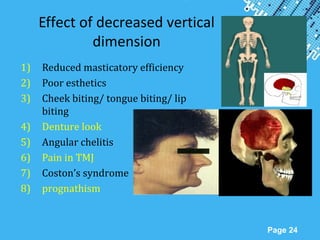 Powerpoint Templates
Page 24
Effect of decreased vertical
dimension
1) Reduced masticatory efficiency
2) Poor esthetics
3) Cheek biting/ tongue biting/ lip
biting
4) Denture look
5) Angular chelitis
6) Pain in TMJ
7) Coston’s syndrome
8) prognathism
 