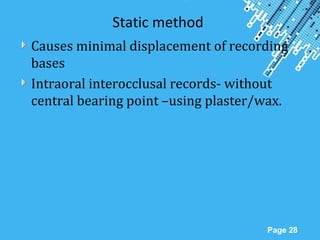 Powerpoint Templates
Page 28
Static method
Causes minimal displacement of recording
bases
Intraoral interocclusal records- without
central bearing point –using plaster/wax.
 