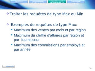 Introduction

Sécurisation des
entrepôts de données

Proposition pour la
sécurisation des ED

Conclusion et
perspectives

 Traiter les requêtes de type Max ou Min
 Exemples de requêtes de type Max:
 Maximum des ventes par mois et par région
 Maximum du chiffre d’affaires par région et
par fournisseur
 Maximum des commissions par employé et
par année

JRBA 2010
11

 