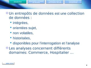 Introduction

Sécurisation entrepôts
de données

Proposition pour la
sécurisation des ED

Conclusion et
perspectives

 Un entrepôts de données est une collection
de données :
 intégrées,
 orientées sujet,
 non volatiles,
 historisées,
 disponibles pour l’interrogation et l’analyse
 Les analyses concernent différents
domaines: Commerce, Hospitalier …
JRBA 2010
4

 