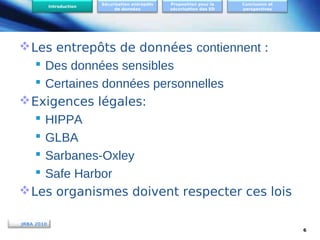 Introduction

Sécurisation entrepôts
de données

Proposition pour la
sécurisation des ED

Conclusion et
perspectives

 Les entrepôts de données contiennent :
 Des données sensibles
 Certaines données personnelles
 Exigences légales:
 HIPPA
 GLBA
 Sarbanes-Oxley
 Safe Harbor
 Les organismes doivent respecter ces lois
JRBA 2010
6

 