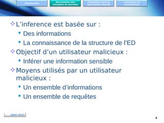 Introduction

Sécurisation des
entrepôts de données

Proposition pour la
sécurisation des ED

Conclusion et
perspectives

 L’inference est basée sur :
 Des informations
 La connaissance de la structure de l’ED
 Objectif d’un utilisateur malicieux :
 Inférer une information sensible
 Moyens utilisés par un utilisateur
malicieux :
 Un ensemble d’informations
 Un ensemble de requêtes
JRBA 2010
9

 