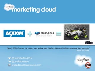 @ jonrobertson315
@JonRobertson
jrobertson@salesforce.com
“Nearly 70% of recent car buyers said review sites (and social media) influenced where they shopped”
Digital Air Strike
 
