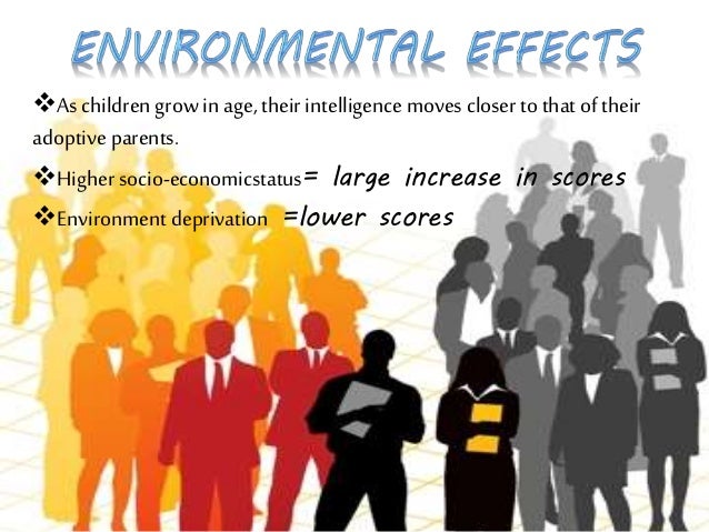 As children grow in age, their intelligence moves closer to that of their
adoptive parents.
Higher socio-economicstatus= large increase in scores
Environment deprivation =lower scores
 