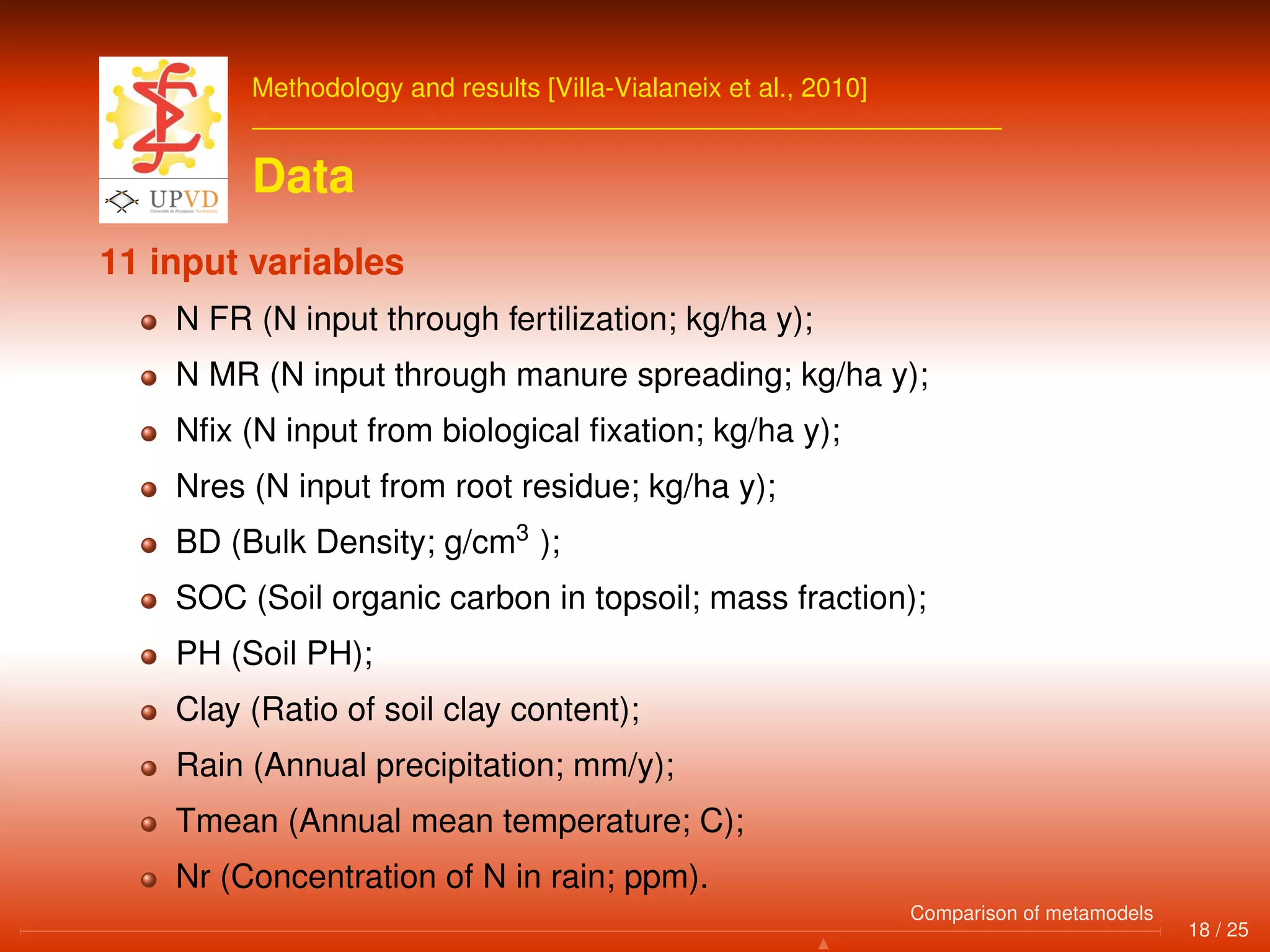 Methodology and results [Villa-Vialaneix et al., 2010]
Data
11 input variables
N FR (N input through fertilization; kg/ha y);
N MR (N input through manure spreading; kg/ha y);
Nﬁx (N input from biological ﬁxation; kg/ha y);
Nres (N input from root residue; kg/ha y);
BD (Bulk Density; g/cm3
);
SOC (Soil organic carbon in topsoil; mass fraction);
PH (Soil PH);
Clay (Ratio of soil clay content);
Rain (Annual precipitation; mm/y);
Tmean (Annual mean temperature; C);
Nr (Concentration of N in rain; ppm).
18 / 25
Comparison of metamodels
 