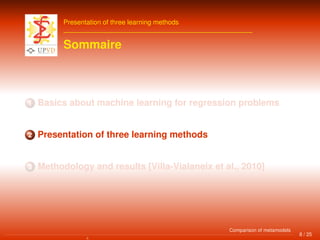 Presentation of three learning methods
Sommaire
1 Basics about machine learning for regression problems
2 Presentation of three learning methods
3 Methodology and results [Villa-Vialaneix et al., 2010]
8 / 25
Comparison of metamodels
 