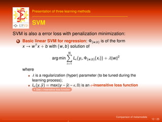 Presentation of three learning methods
SVM
SVM is also a error loss with penalization minimization:
1 Basic linear SVM for regression: Φ(w,b) is of the form
x → wT
x + b with (w, b) solution of
arg min
N
i=1
L (yi, Φ(w,b)(xi)) + λ w 2
where
λ is a regularization (hyper) parameter (to be tuned during the
learning process);
L (y, ˆy) = max{|y − ˆy| − , 0} is an -insensitive loss function
See -insensitive loss function
12 / 25
Comparison of metamodels
 