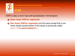 Presentation of three learning methods
SVM
SVM is also a error loss with penalization minimization:
1 Basic linear SVM for regression
2 Non linear SVM for regression are the same except that a non
linear (ﬁxed) transformation of the inputs is previously made:
ϕ(x) ∈ H is used instead of x.
12 / 25
Comparison of metamodels
 