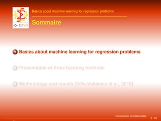 Basics about machine learning for regression problems
Sommaire
1 Basics about machine learning for regression problems
2 Presentation of three learning methods
3 Methodology and results [Villa-Vialaneix et al., 2010]
3 / 25
Comparison of metamodels
 