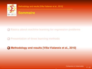 Methodology and results [Villa-Vialaneix et al., 2010]
Sommaire
1 Basics about machine learning for regression problems
2 Presentation of three learning methods
3 Methodology and results [Villa-Vialaneix et al., 2010]
17 / 25
Comparison of metamodels
 