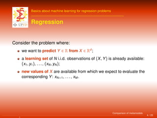 Basics about machine learning for regression problems
Regression
Consider the problem where:
we want to predict Y ∈ R from X ∈ Rd
;
a learning set of N i.i.d. observations of (X, Y) is already available:
(x1, y1), . . . , (xN, yN);
new values of X are available from which we expect to evaluate the
corresponding Y: xN+1, . . . , xM.
4 / 25
Comparison of metamodels
 