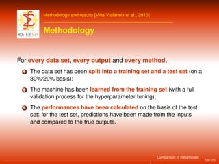 Methodology and results [Villa-Vialaneix et al., 2010]
Methodology
For every data set, every output and every method,
1 The data set has been split into a training set and a test set (on a
80%/20% basis);
2 The machine has been learned from the training set (with a full
validation process for the hyperparameter tuning);
3 The performances have been calculated on the basis of the test
set: for the test set, predictions have been made from the inputs
and compared to the true outputs.
19 / 25
Comparison of metamodels
 