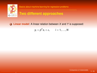Basics about machine learning for regression problems
Two different approaches
1 Linear model: A linear relation between X and Y is supposed:
yi = βT
xi + , i = 1, . . . , N
5 / 25
Comparison of metamodels
 
