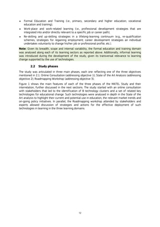 12
 Formal Education and Training (i.e., primary, secondary and higher education; vocational
education and training);
 Work-place and work-related learning (i.e., professional development strategies that are
integrated into and/or directly relevant to a specific job or career path);
 Re-skilling and up-skilling strategies in a lifelong-learning continuum (e.g., re-qualification
schemes; strategies for regaining employment; career development strategies an individual
undertakes voluntarily to change his/her job or professional profile, etc.).
Note: Given its breadth, scope and internal variability, the formal education and training domain
was analysed along each of its learning sectors as reported above. Additionally, informal learning
was introduced during the development of the study, given its transversal relevance to learning
change supported by the use of technologies.
2.2 Study phases
The study was articulated in three main phases, each one reflecting one of the three objectives
mentioned in 2.1: Online Consultation (addressing objective 1); State of the Art Analysis (addressing
objective 2); Roadmapping Workshop (addressing objective 3).
Figure 1 shows the main features of each of the three phases of the MATEL Study and their
interrelation, further discussed in the next sections. The study started with an online consultation
with stakeholders that led to the identification of 8 technology clusters and a set of related key
technologies for educational change. Such technologies were analysed in depth in the State of the
Art analysis to highlight their current and potential use in education, the relevant market trends and
on-going policy initiatives. In parallel, the Roadmapping workshop attended by stakeholders and
experts allowed discussion of strategies and actions for the effective deployment of such
technologies in learning in the three learning domains.
 