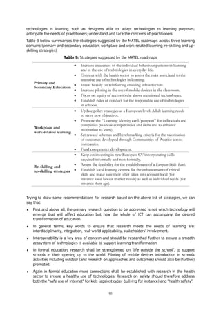 50
technologies in learning, such as designers able to: adapt technologies to learning purposes;
anticipate the needs of practitioners; understand and face the concerns of practitioners.
Table 9 below summarises the strategies suggested by the MATEL roadmaps across three learning
domains (primary and secondary education; workplace and work-related learning; re-skilling and up-
skilling strategies):
Table 9: Strategies suggested by the MATEL roadmaps
Primary and
Secondary Education
 Increase awareness of the individual behaviour patterns in learning
and in the use of technologies in everyday life.
 Connect with the health sector to assess the risks associated to the
intensive use of technologies in learning.
 Invest heavily on reinforcing enabling infrastructure.
 Increase piloting in the use of mobile devices in the classroom.
 Focus on equity of access to the above mentioned technologies.
 Establish rules of conduct for the responsible use of technologies
in schools.
Workplace and
work-related learning
 Update policy strategies at a European level: Adult learning needs
to serve new objectives.
 Promote the “Learning Identity card/passport” for individuals and
companies (to show competencies and skills and to enhance
motivation to learn).
 Set reward schemes and benchmarking criteria for the valorisation
of outcomes developed through Communities of Practice across
companies.
 Fund competence development.
Re-skilling and
up-skilling strategies
 Keep on investing in new Europass CV incorporating skills
acquired informally and non-formally.
 Assess the feasibility for the establishment of a European Skills’ Bank.
 Establish local learning centres for the enhancement of critical
skills and make sure their offer takes into account local (for
instance local labour market needs) as well as individual needs (for
instance their age).
Trying to draw some recommendations for research based on the above list of strategies, we can
say that:
 First and above all, the primary research question to be addressed is not which technology will
emerge that will affect education but how the whole of ICT can accompany the desired
transformation of education.
 In general terms, key words to ensure that research meets the needs of learning are:
interdisciplinarity, integration, real-world applicability, stakeholders’ involvement.
 Interoperability is a key area of concern and should be researched further to ensure a smooth
ecosystem of technologies is available to support learning transformation.
 In formal education, research shall be strengthened on “life outside the school”, to support
schools in their opening up to the world. Piloting of mobile devices introduction in schools
activities including outdoor (and research on approaches and outcomes) should also be (further)
promoted.
 Again in formal education more connections shall be established with research in the health
sector to ensure a healthy use of technologies. Research on safety should therefore address
both the “safe use of Internet” for kids (against cyber-bullying for instance) and “health safety”.
 