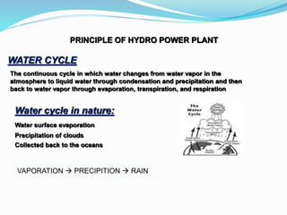 PRINCIPLE OF HYDRO POWER PLANT
WATER CYCLE
Water cycle in nature:
Water surface evaporation
Precipitation of clouds
Collected back to the oceans
VAPORATION  PRECIPITION  RAIN
The continuous cycle in which water changes from water vapor in the
atmosphere to liquid water through condensation and precipitation and then
back to water vapor through evaporation, transpiration, and respiration
 