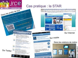 Cas pratique : la STAR
                         b   us
              arrê ts de
     l   es
Dans




                                                               Sur Internet

                                                Sur mobile

                                                    Dans les stations de métro




                                                                              ources : www.star.fr
 Sur Twitter
 
