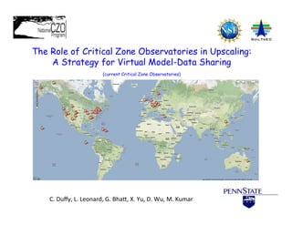 !

The Role of Critical Zone Observatories in Upscaling:
    A Strategy for Virtual Model-Data Sharing
                                      (current Critical Zone Observatories)




    C.	
  Duﬀy,	
  L.	
  Leonard,	
  G.	
  Bha3,	
  X.	
  Yu,	
  D.	
  Wu,	
  M.	
  Kumar	
  	
  	
  
 