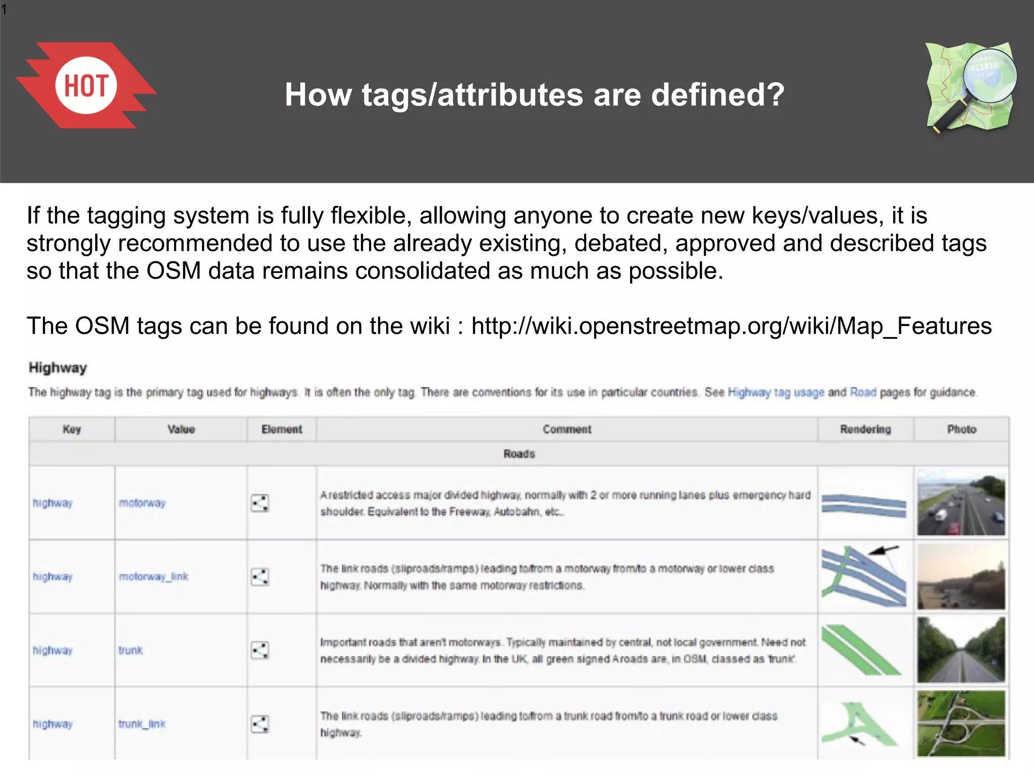 1




                           How tags/attributes are defined?


    If the tagging system is fully flexible, allowing anyone to create new keys/values, it is
    strongly recommended to use the already existing, debated, approved and described tags
    so that the OSM data remains consolidated as much as possible.

    The OSM tags can be found on the wiki : http://wiki.openstreetmap.org/wiki/Map_Features
 