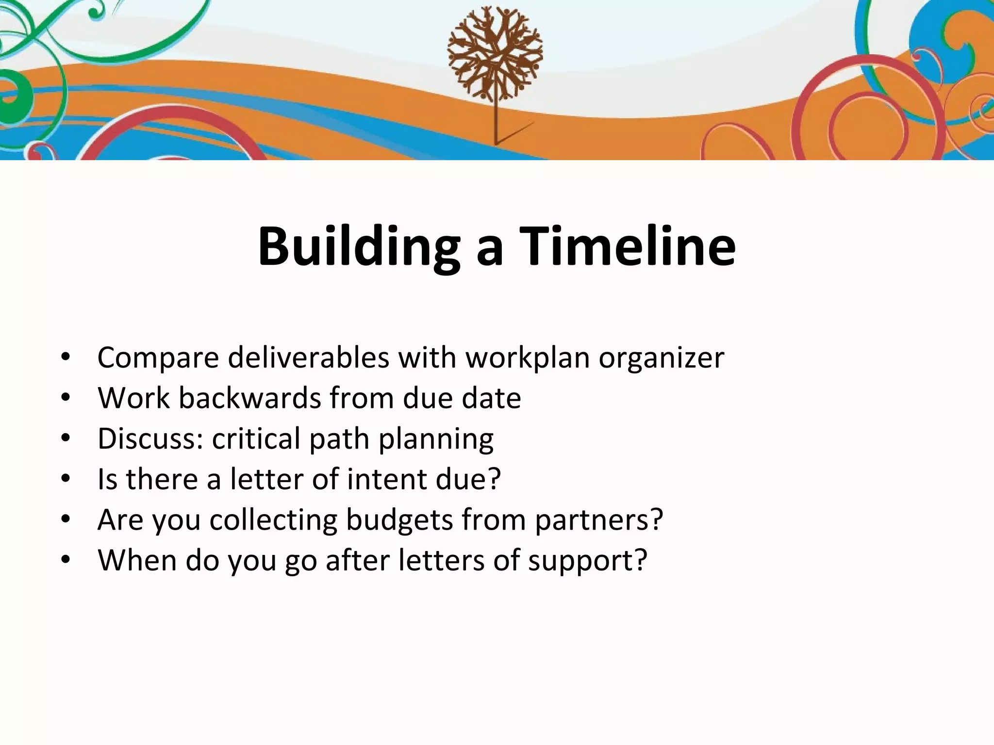 Building a Timeline Compare deliverables with workplan organizer Work backwards from due date Discuss: critical path planning Is there a letter of intent due? Are you collecting budgets from partners? When do you go after letters of support? 