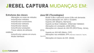 JREBEL CAPTURA MUDANÇAS EM:
Estruturas das classes
Alterações no corpo de métodos
Incluir/Excluir métodos
Incluir/Excluir construtores
Incluir/Excluir atributos
Incluir/Excluir classes
Incluir/Excluir anotações
Trocar valores de atributos
estáticos
Incluir/Excluir valores em enuns
Mudar interfaces
Java EE (Tecnologias)
Mudar EJBs e adicionar novos EJBs sob demanda
Suporta alterações em JSPs e Scriplets
Suporta JSF (Mojarra, MyFaces)
Suporte ao Bean Validation (Hibernate Validator)
Alterações em anotações JAXB (XML)
Alterações em classes do JAX-RS (RESTEasy, Jersey,
CFX)
Suporte ao JAX-WS (Metro, CXF)
Alterações nas entidades JPA (Hibernate, EclipseLink, TopLink,
OpenJPA)
Alterações em beans do CDI (Weld)
www.zeroturnaround.com jrdalpra@gmail.com
 