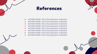 ● AUTHOR (YEAR). Title of the publication. Publisher
● AUTHOR (YEAR). Title of the publication. Publisher
● AUTHOR (YEAR). Title of the publication. Publisher
● AUTHOR (YEAR). Title of the publication. Publisher
● AUTHOR (YEAR). Title of the publication. Publisher
● AUTHOR (YEAR). Title of the publication. Publisher
● AUTHOR (YEAR). Title of the publication. Publisher
● AUTHOR (YEAR). Title of the publication. Publisher
References
 