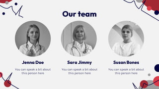 Our team
Jenna Doe
You can speak a bit about
this person here
Sara Jimmy
You can speak a bit about
this person here
Susan Bones
You can speak a bit about
this person here
 