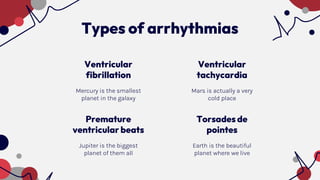 Types of arrhythmias
Ventricular
fibrillation
Mercury is the smallest
planet in the galaxy
Premature
ventricular beats
Jupiter is the biggest
planet of them all
Torsades de
pointes
Earth is the beautiful
planet where we live
Ventricular
tachycardia
Mars is actually a very
cold place
 