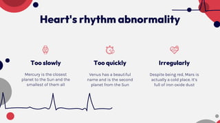Heart's rhythm abnormality
Too quickly
Venus has a beautiful
name and is the second
planet from the Sun
Too slowly
Mercury is the closest
planet to the Sun and the
smallest of them all
Irregularly
Despite being red, Mars is
actually a cold place. It’s
full of iron oxide dust
 