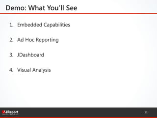 Demo: What You’ll See
11
1.  Embedded Capabilities
2.  Ad Hoc Reporting
3.  JDashboard
4.  Visual Analysis
 