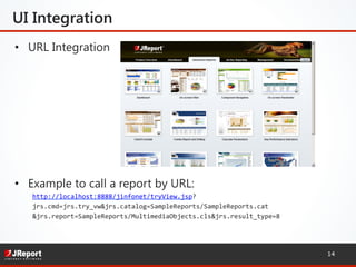UI Integration
•  URL Integration
•  Example to call a report by URL:
http://localhost:8888/jinfonet/tryView.jsp?	
  
jrs.cmd=jrs.try_vw&jrs.catalog=SampleReports/SampleReports.cat	
  
&jrs.report=SampleReports/MultimediaObjects.cls&jrs.result_type=8
14
 